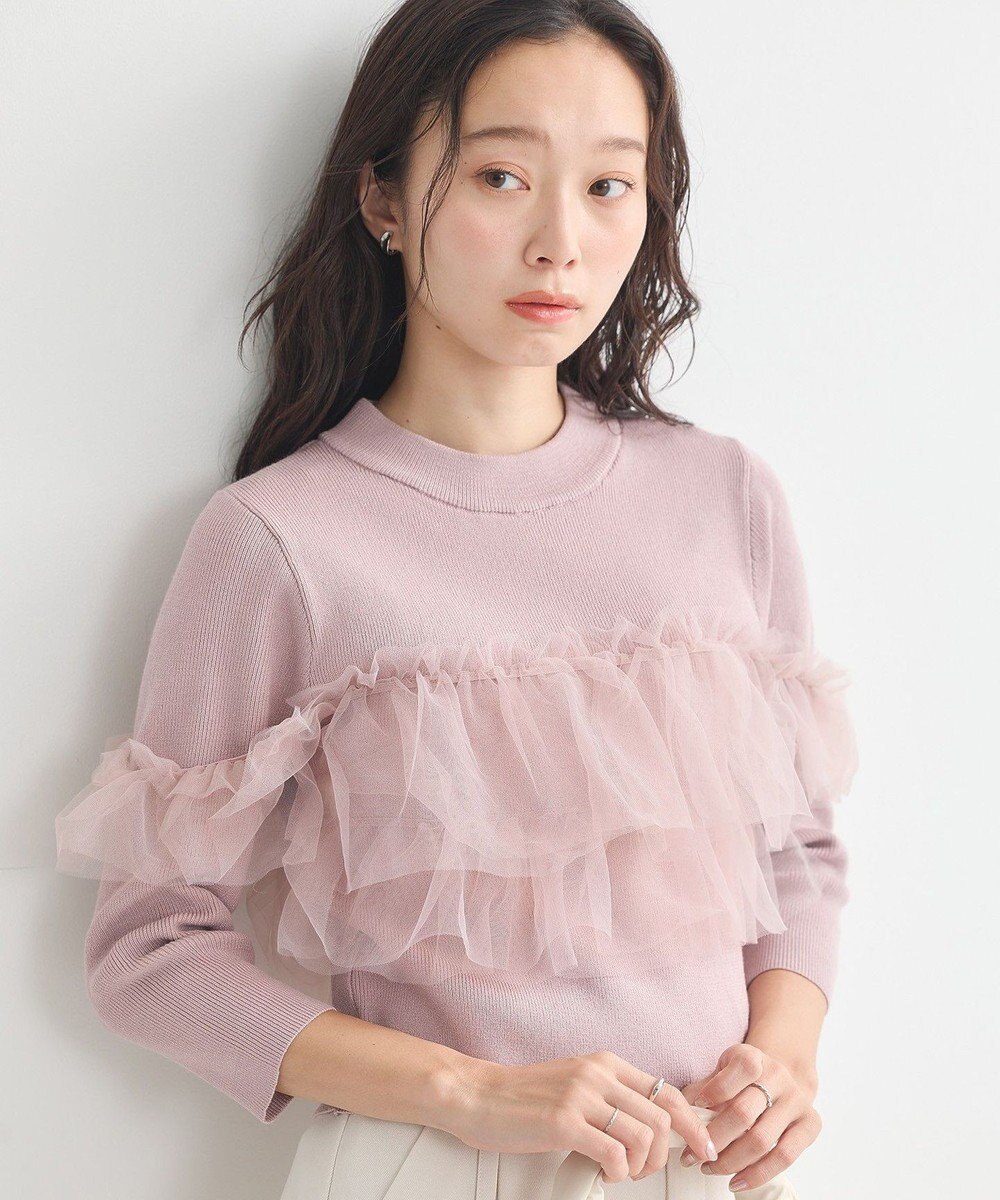 earth music&ecology 胸元チュールドッキングニットプルオーバー 