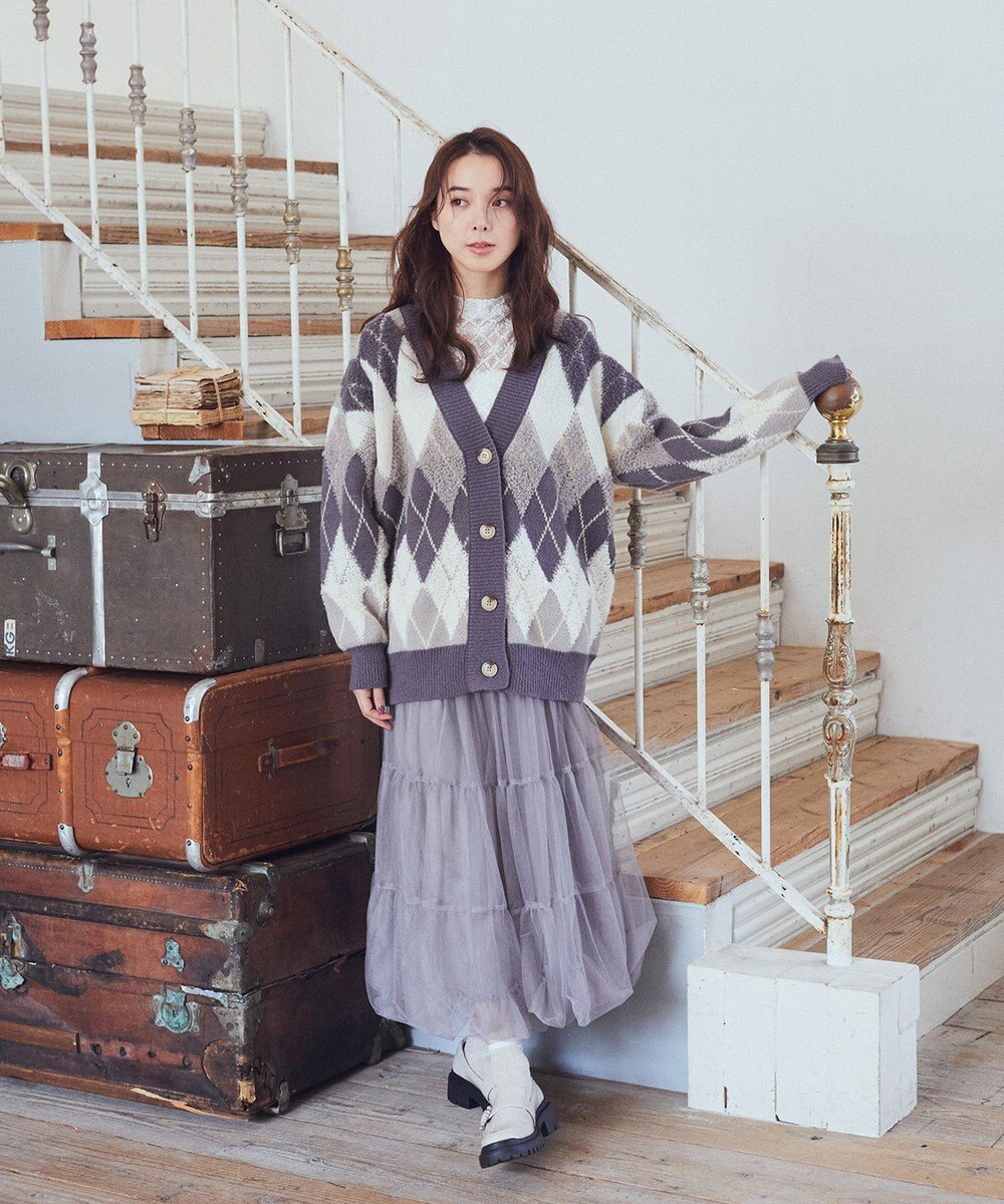 earth music&ecology ループ編みアーガイルカーディガン 