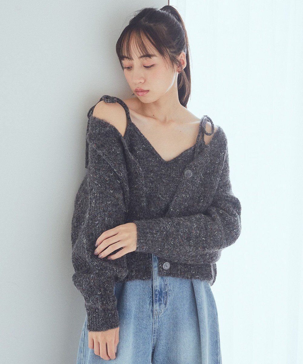 earth music&ecology ＳＥＴ２点ショートカーディガン＋肩リボンキャミソー Charcoal Gray