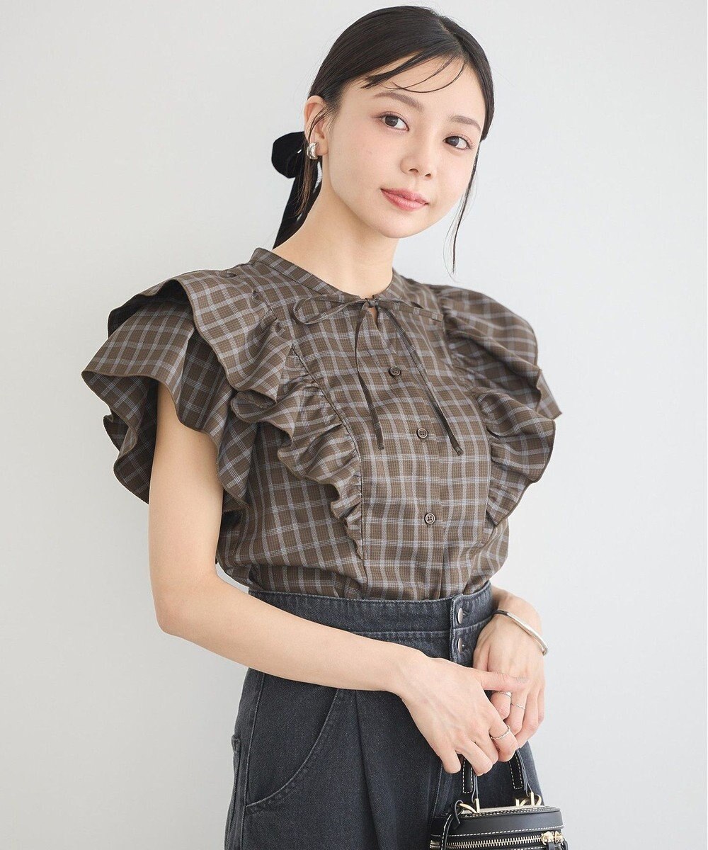 earth music&ecology フリルチェックブラウス 