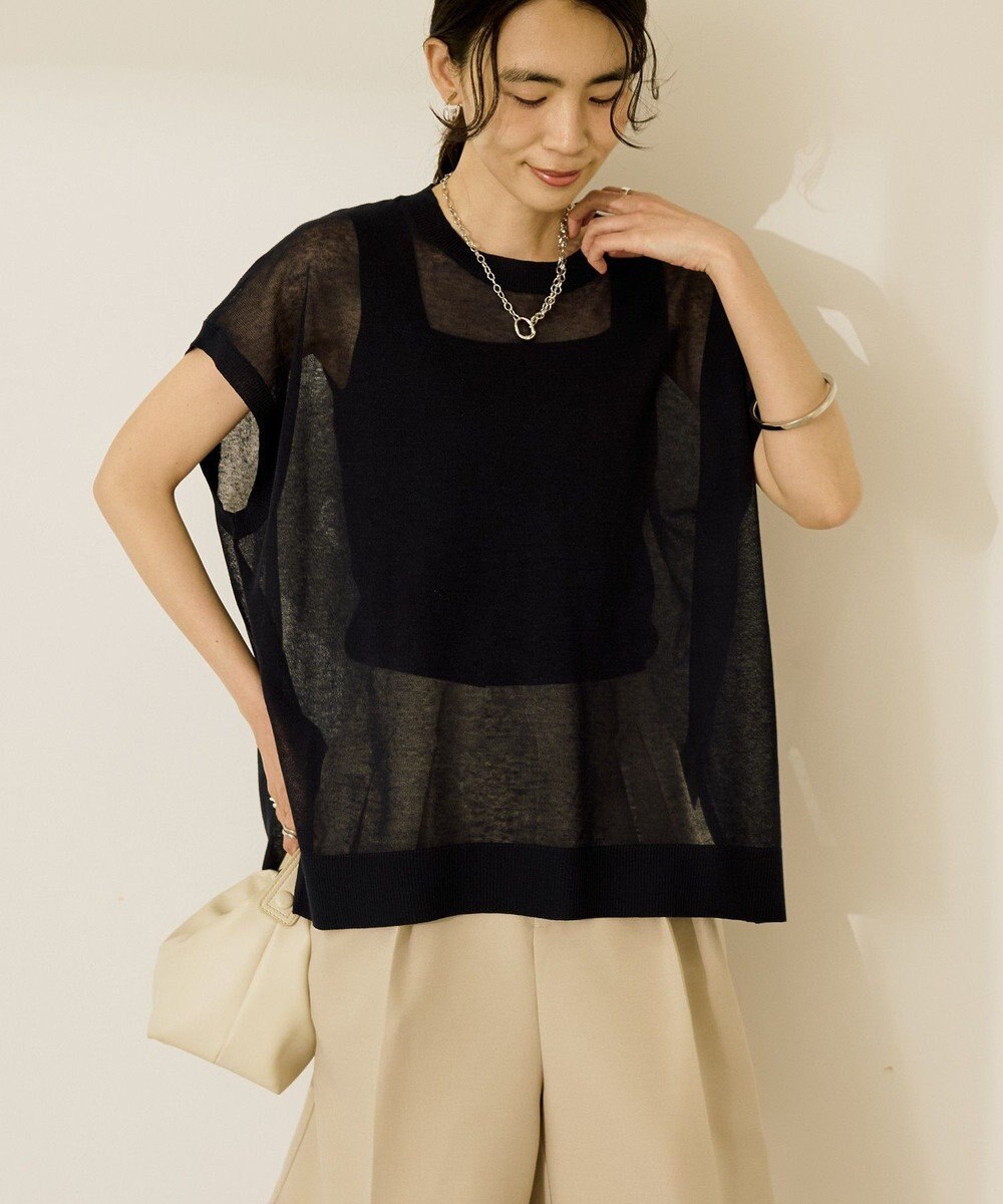 AMERICAN HOLIC ウォッシャブルシアーニットフレンチスリーブトップス 