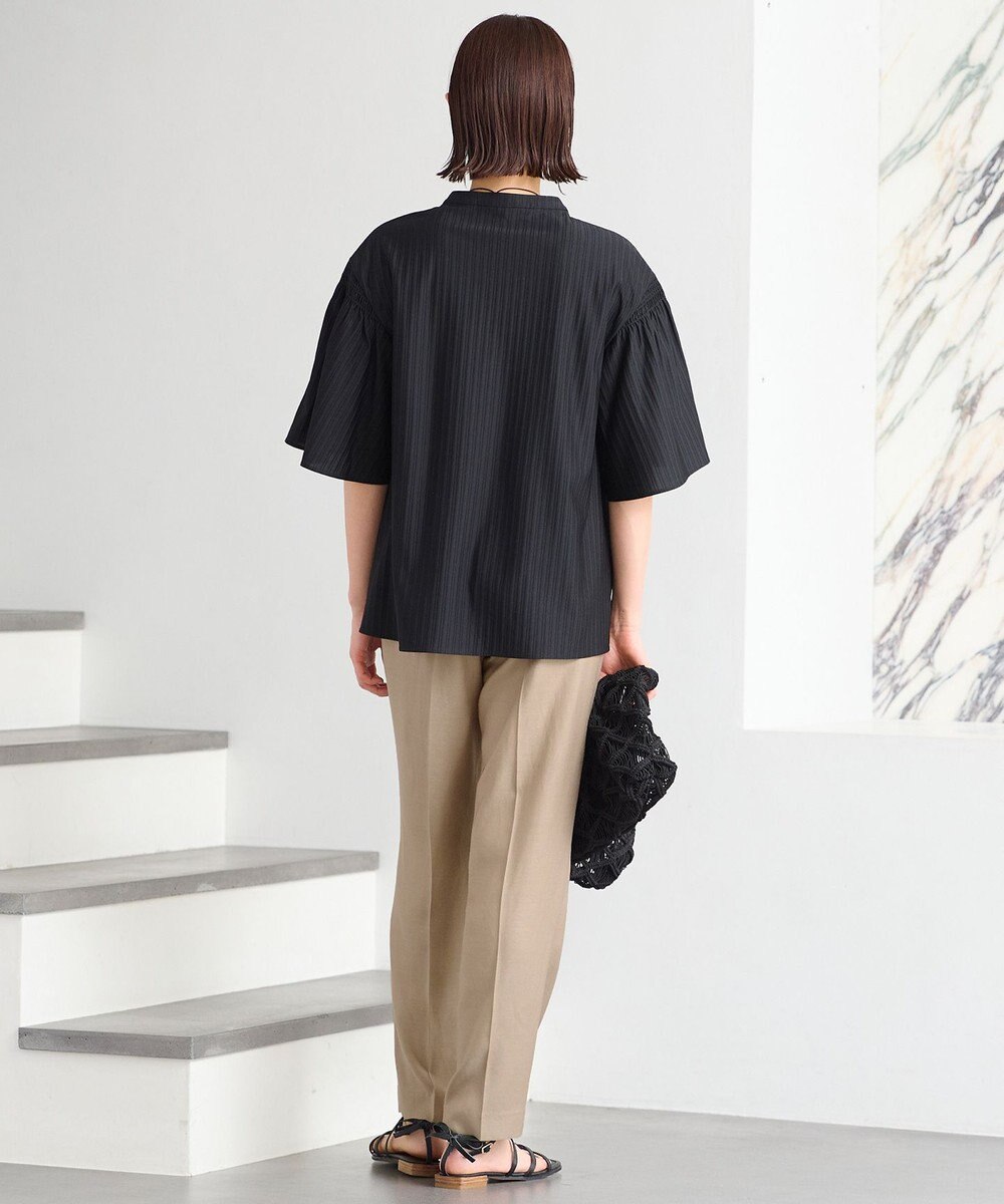 自由区 L 【洗える】ストレッチシャーティング 5分袖 フレアスリーブブラウス 