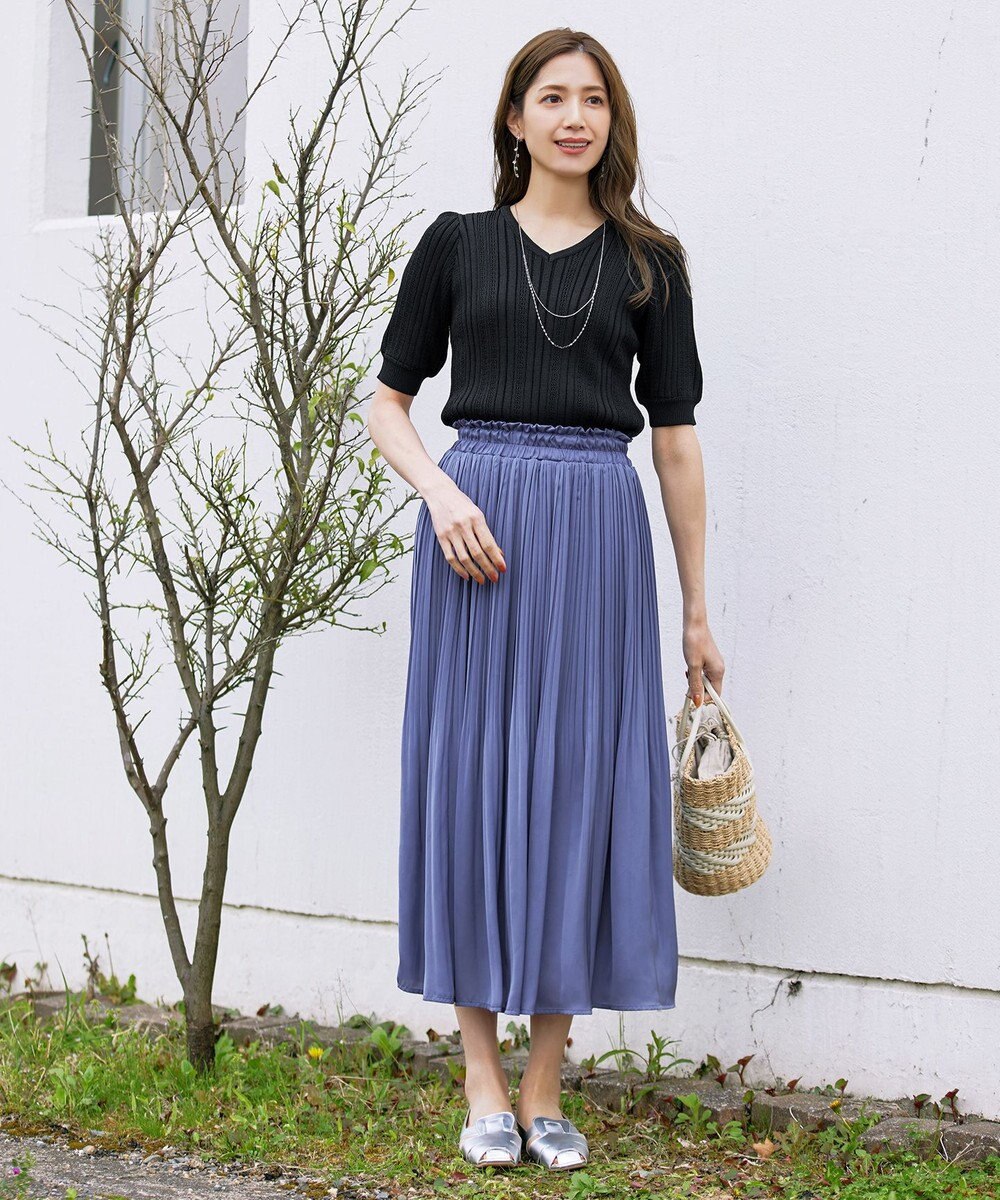 Tiaclasse L 【洗える】パフスリーブ透かし編みニットトップス 