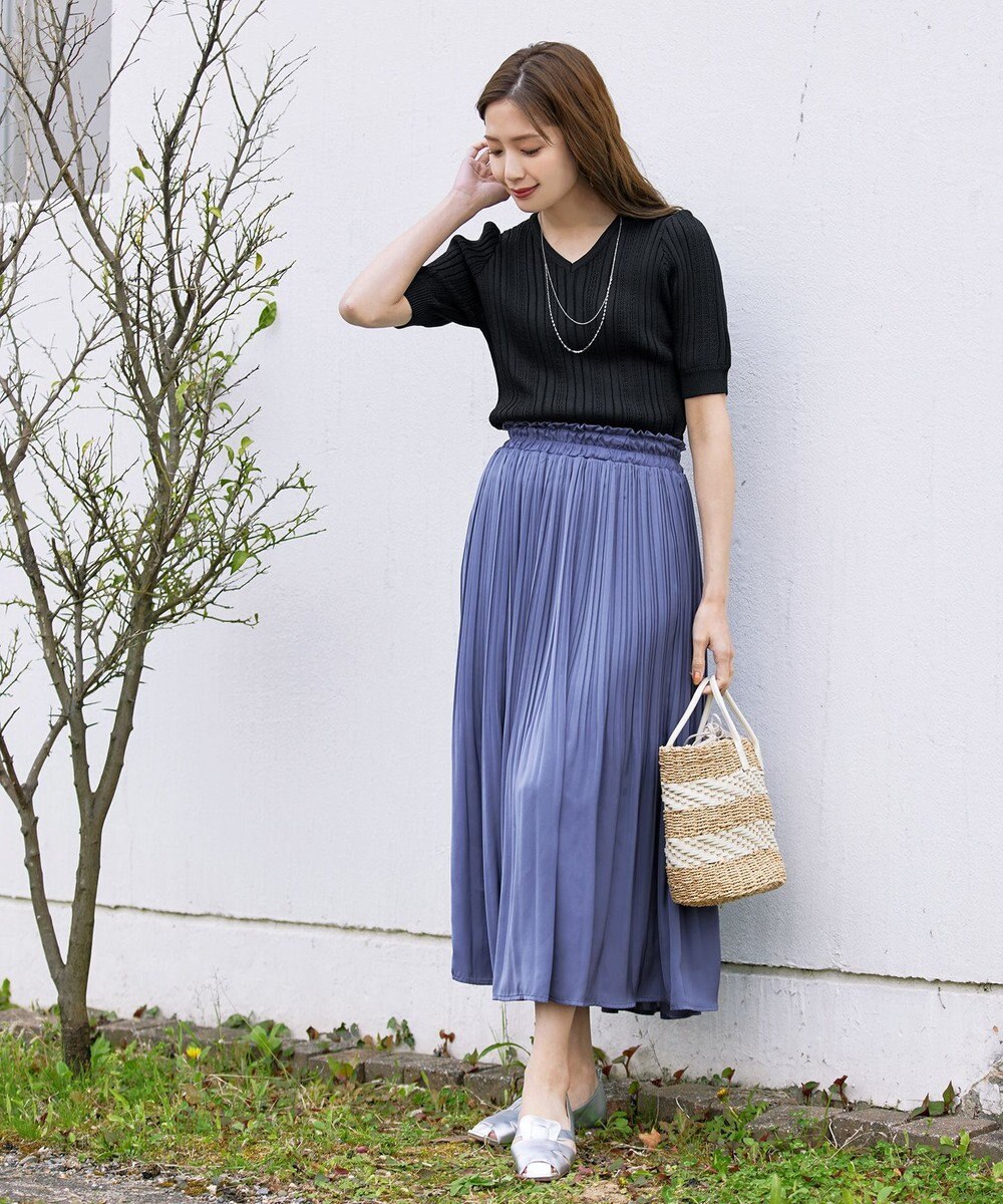 Tiaclasse L 【洗える】パフスリーブ透かし編みニットトップス 