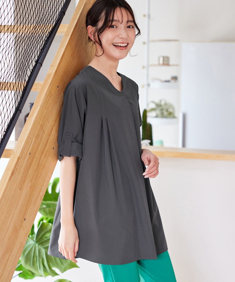 Tiaclasse L 【洗える】ストレッチタフタタックチュニックブラウス 