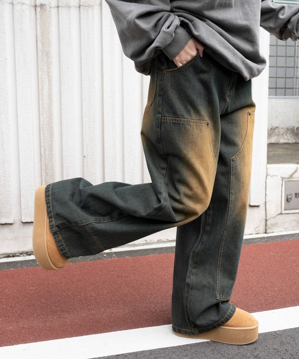 WEGO ヴィンテージウォッシュダブルニーバギーパンツ 