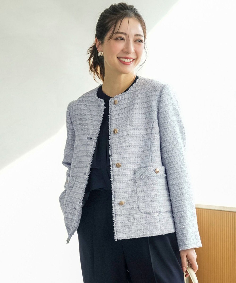 ANY SIS ノーカラーフリンジツイード ジャケット 