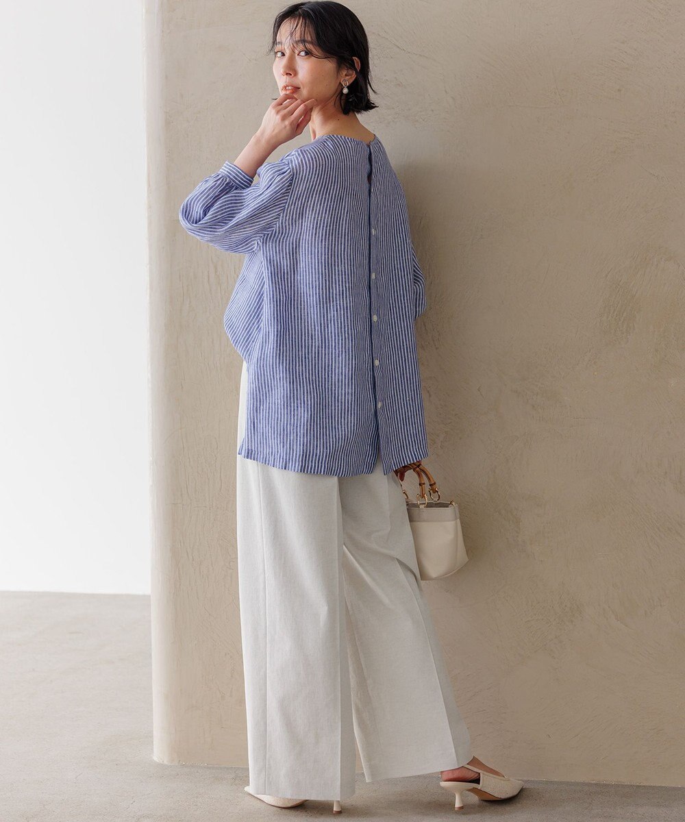 23区 【セットアップ対応/洗える】コットンリネン オックスストレッチ ワイド パンツ 