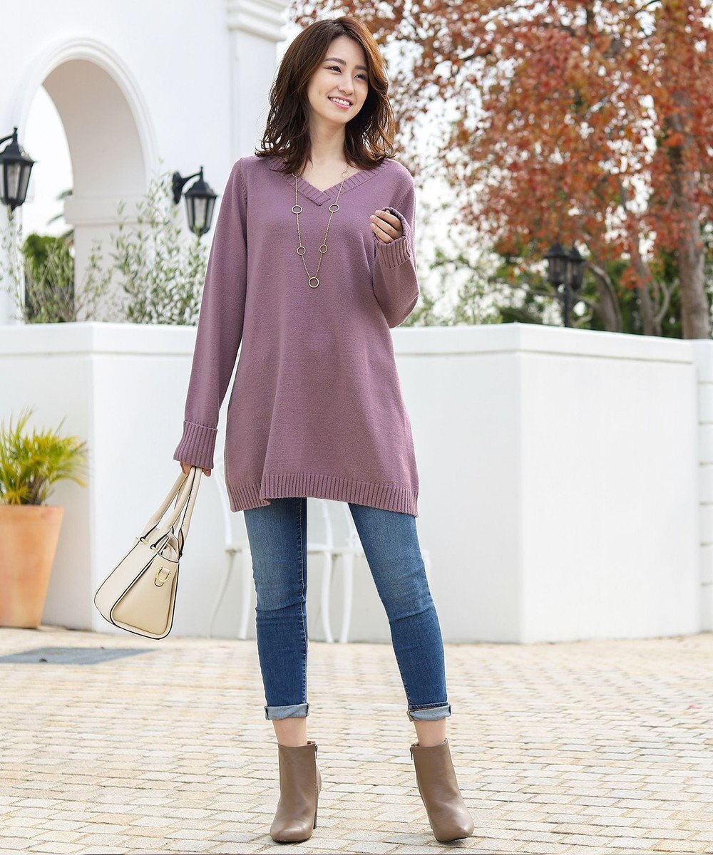 Tiaclasse L 【洗える】もっちり素材のVネックリブニットチュニック 