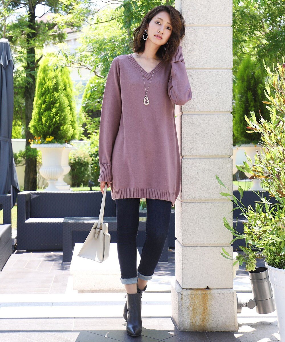 Tiaclasse L 【洗える】もっちり素材のVネックリブニットチュニック 