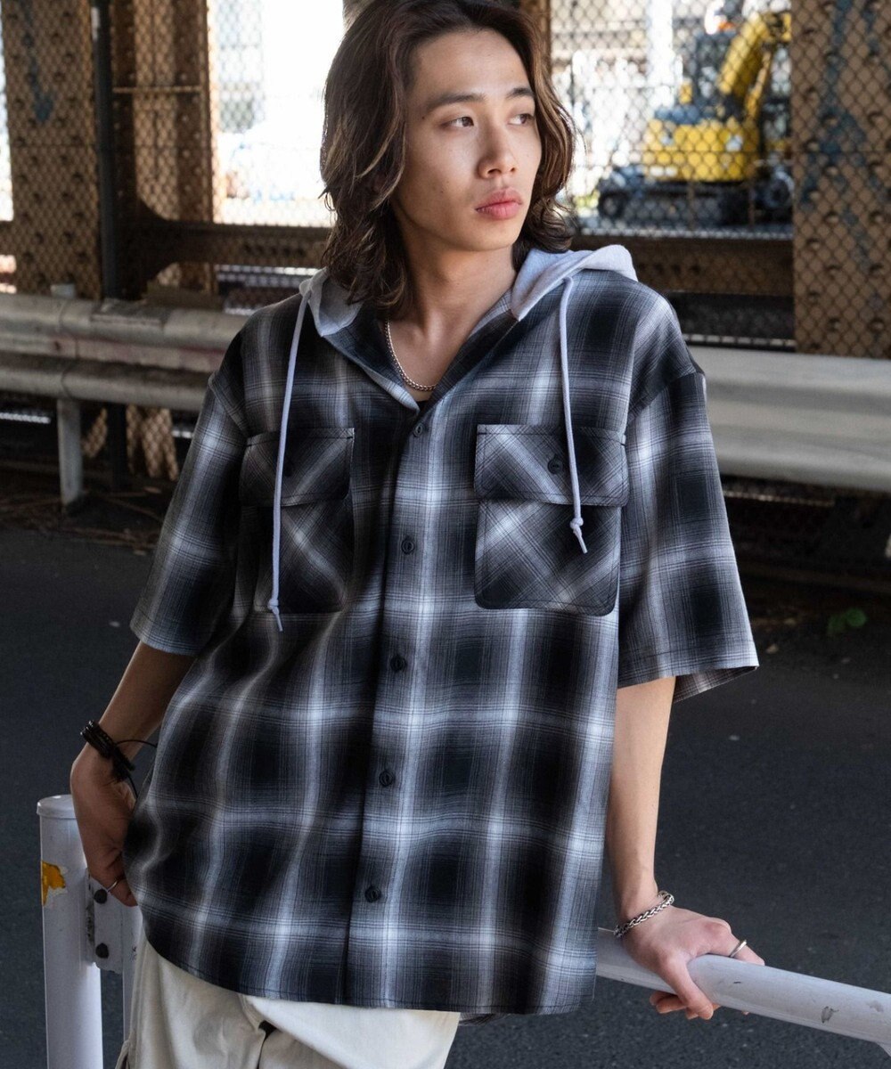 WEGO 【ユニセックス着用ITEM/MLサイズ展開】オンブレチェックフードシャツ（SS） 