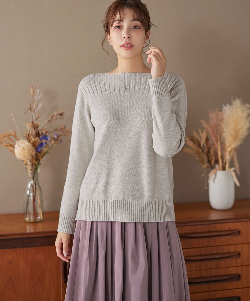 Tiaclasse 綿混リブ使いボートネックニットプルオーバー 