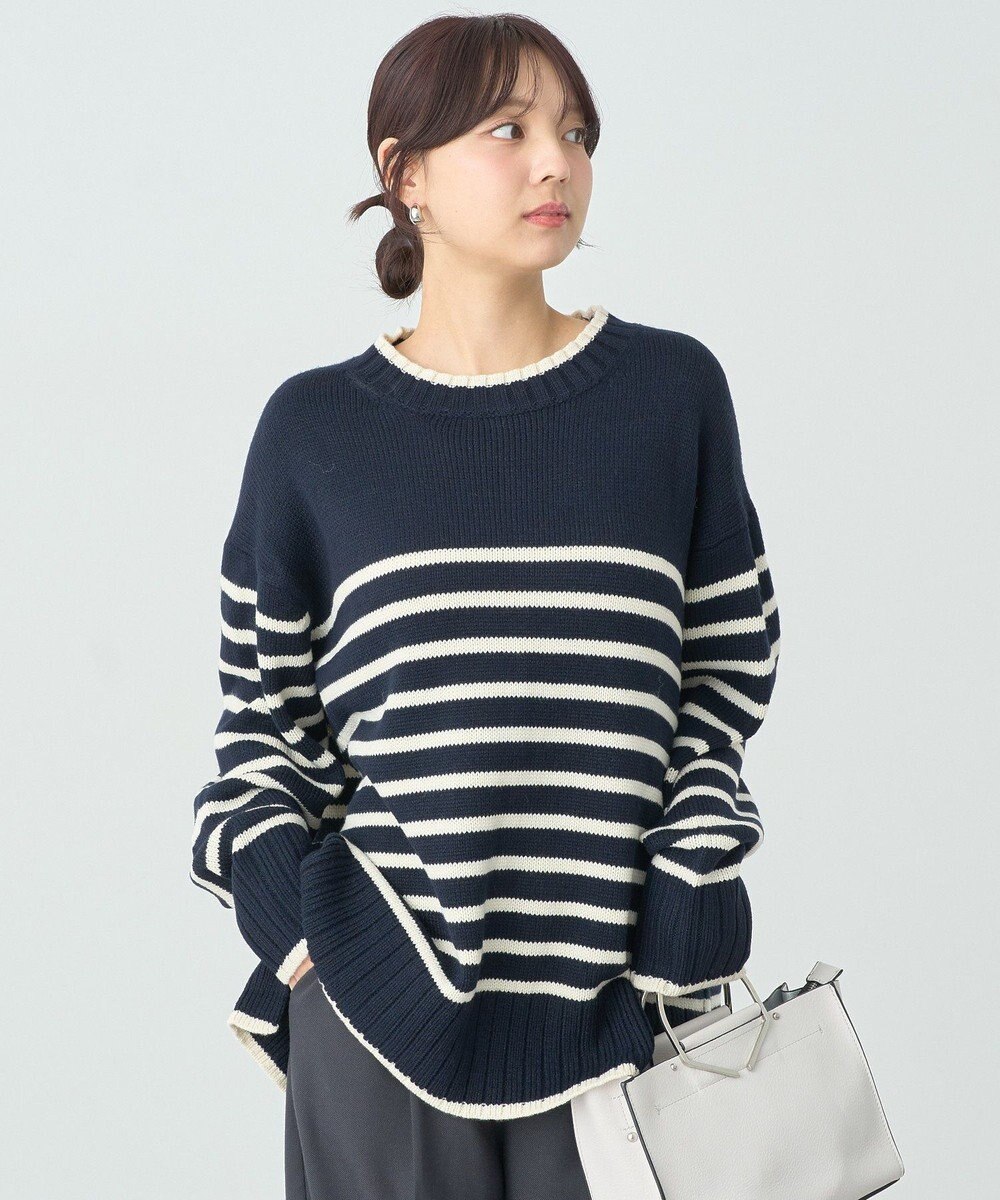 earth music&ecology ウォッシャブルスリットチュニック Border Navy