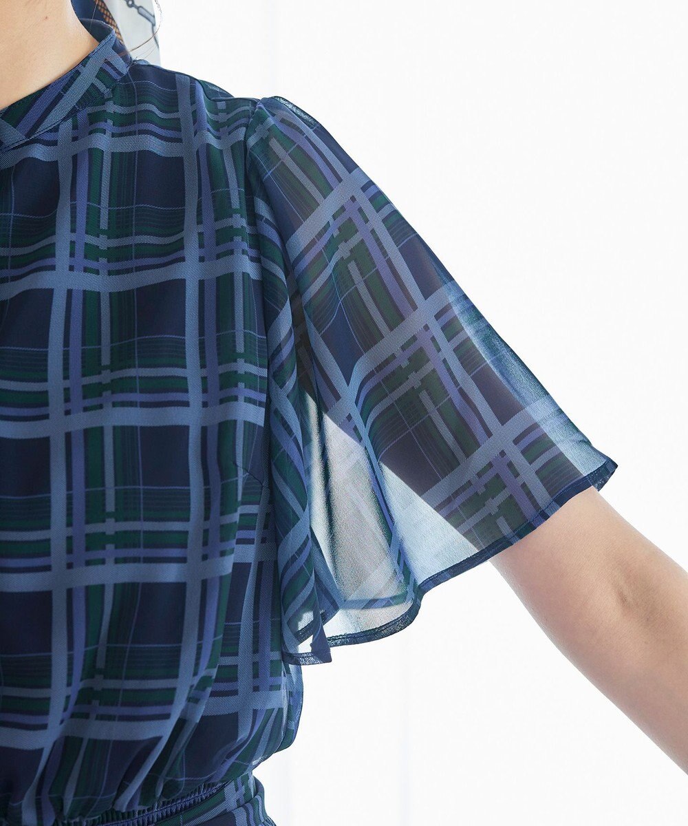 Tiaclasse L 【新色追加・洗える】チェック柄フレア袖シアーワンピース 