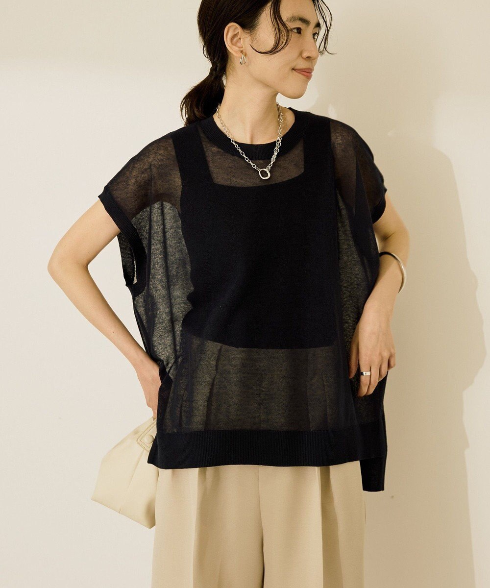 AMERICAN HOLIC ウォッシャブルシアーニットフレンチスリーブトップス 