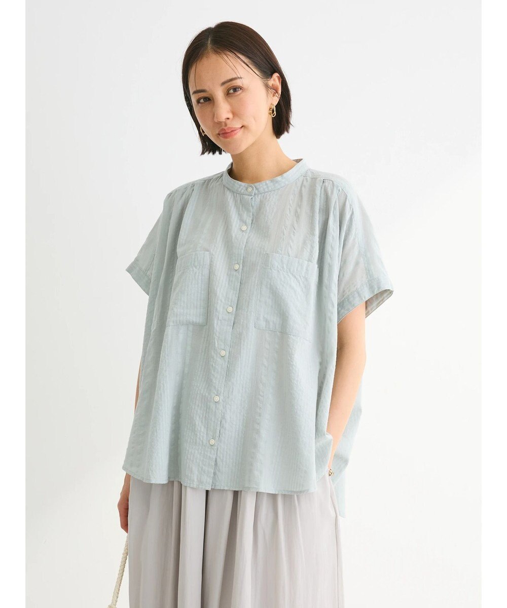 Green Parks インド綿  バンドカラーデザイン５分袖シャツ 