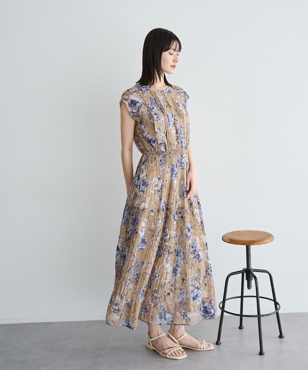 YECCA VECCA フラワー柄シアープリーツワンピース 