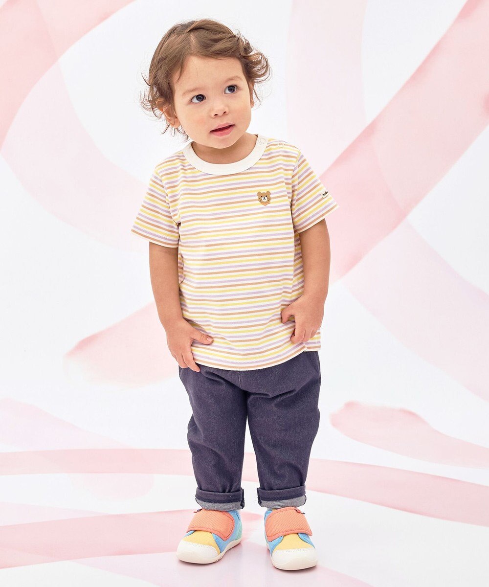 MIKI HOUSE HOT BISCUITS 【70-120cm】 みじんボーダー ワンポイント刺繍 半袖Tシャツ 