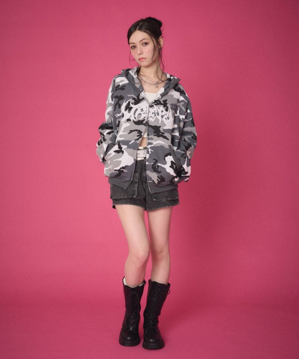 WEGO 【ユニセックス着用ITEM】ワッフルグラフィックカットZIPパーカー 