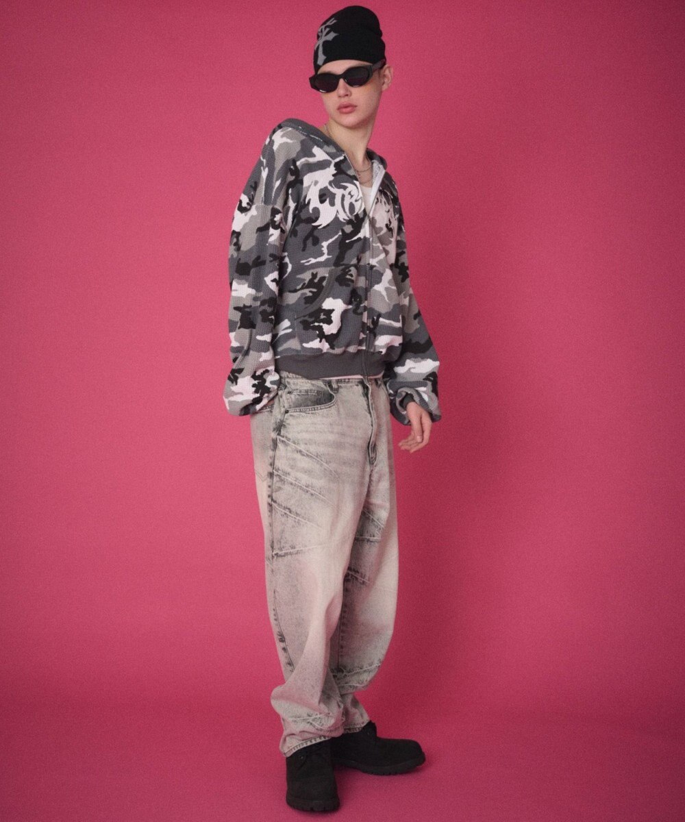 WEGO 【ユニセックス着用ITEM】ワッフルグラフィックカットZIPパーカー 