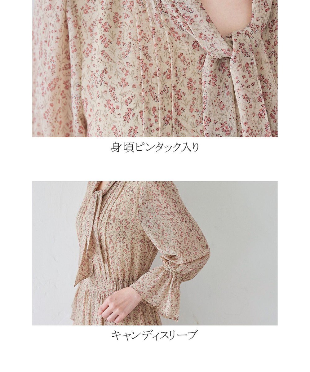 Tiaclasse L 【洗える】程良い透け感のプリントボウタイワンピース 