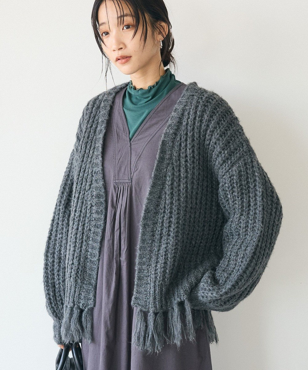 CRAFT STANDARD BOUTIQUE 洗える/フリンジニットカーディガン Charcoal Gray