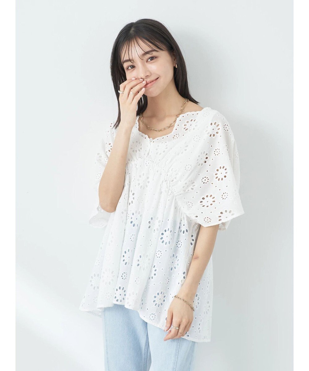 earth music&ecology コットンレースＶネックブラウス 
