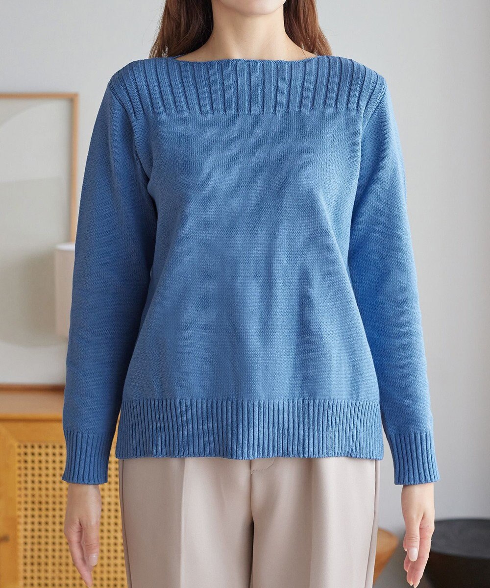 Tiaclasse 綿混リブ使いボートネックニットプルオーバー 