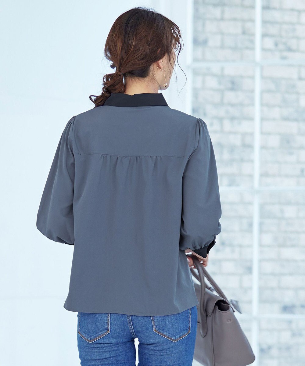 Tiaclasse 【洗える】配色パフスリーブシャツブラウス 