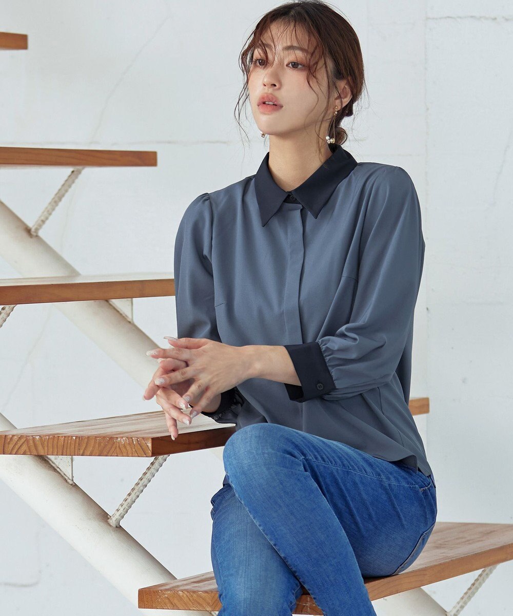 Tiaclasse 【洗える】配色パフスリーブシャツブラウス 