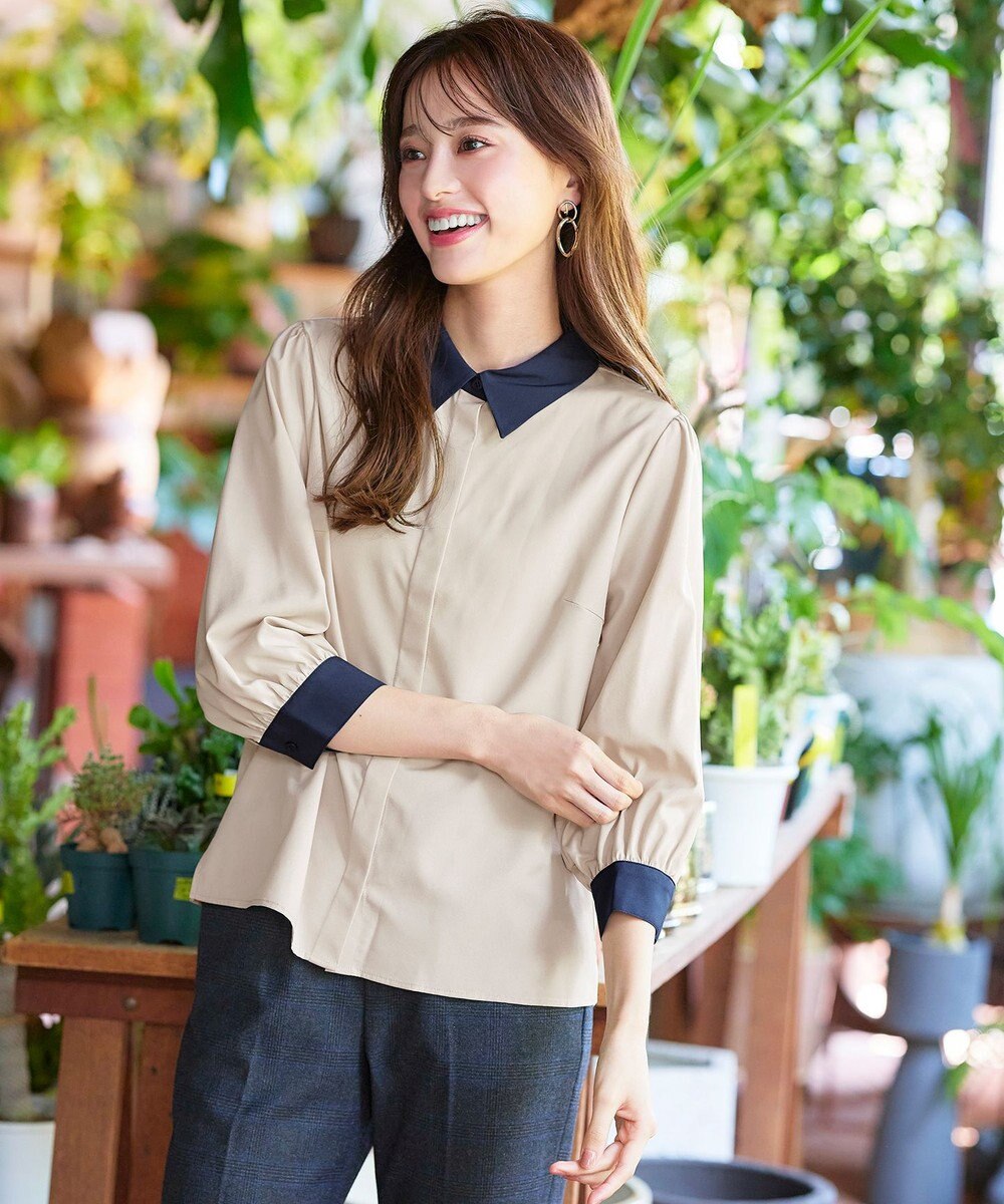 Tiaclasse 【洗える】配色パフスリーブシャツブラウス 