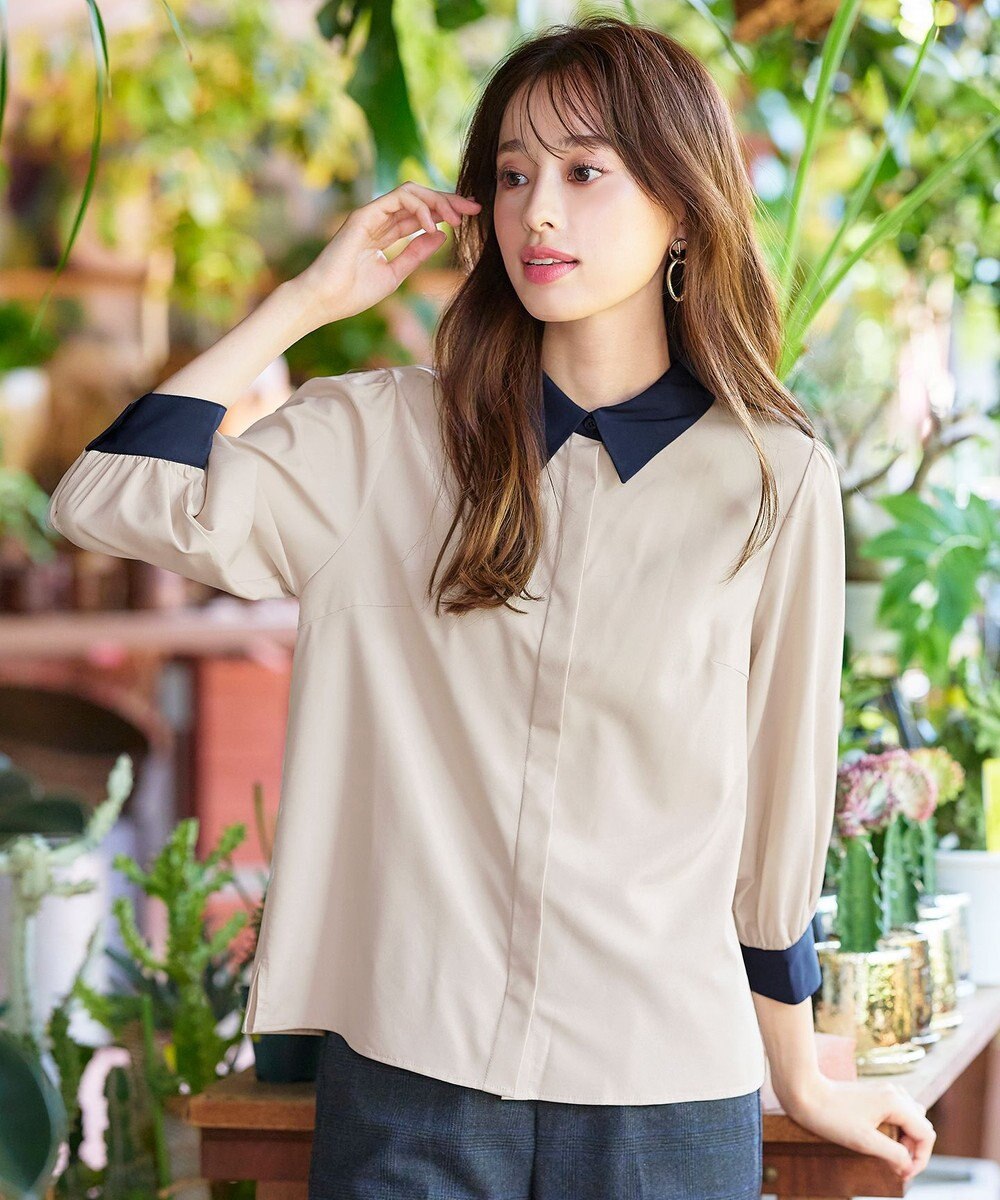 Tiaclasse 【洗える】配色パフスリーブシャツブラウス 