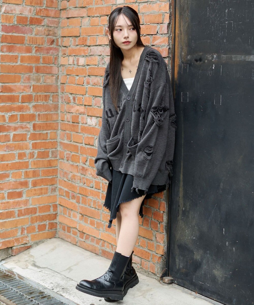 WEGO 【ユニセックス着用ITEM】ダメージジャガードカーディガン 