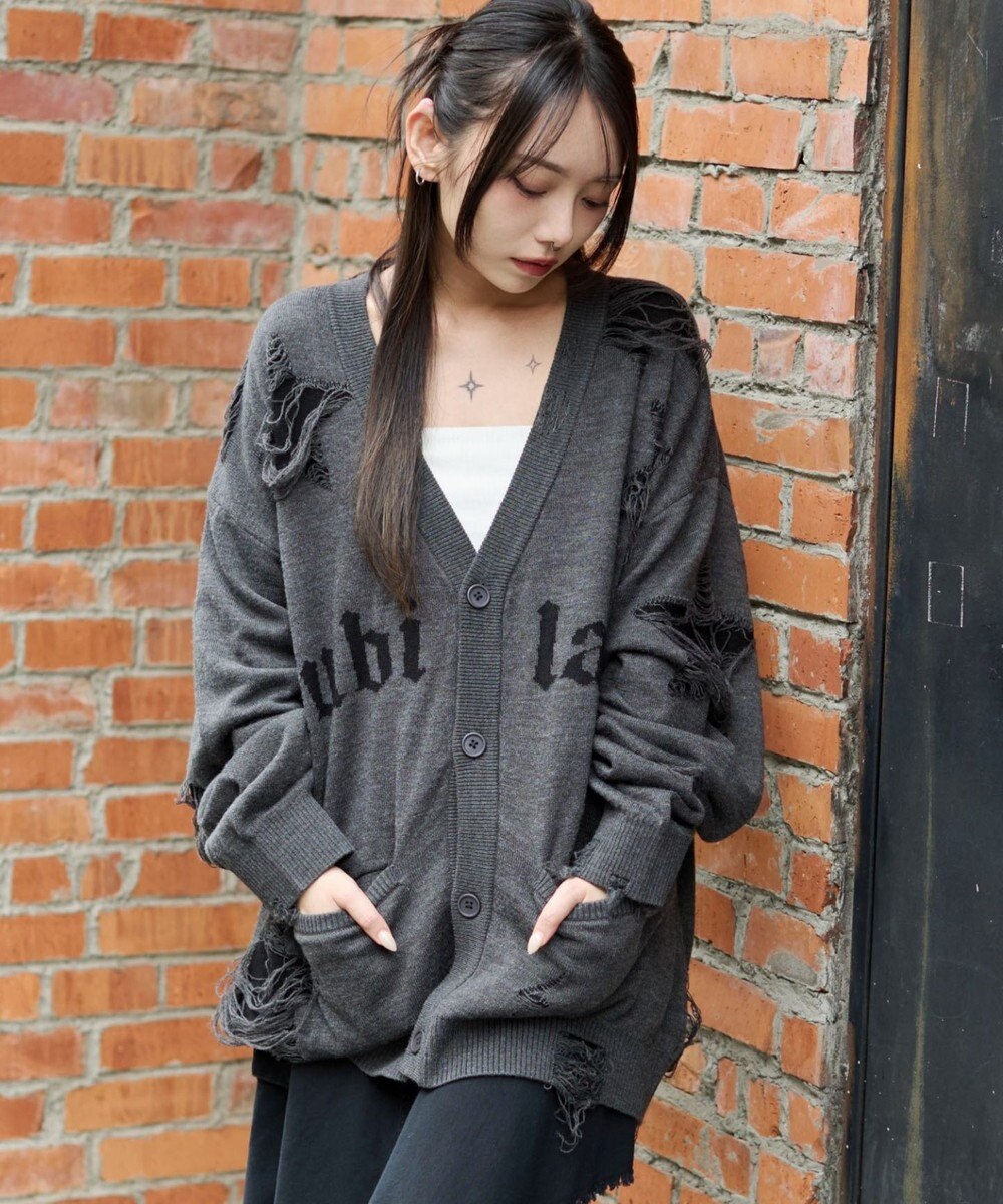 WEGO 【ユニセックス着用ITEM】ダメージジャガードカーディガン 