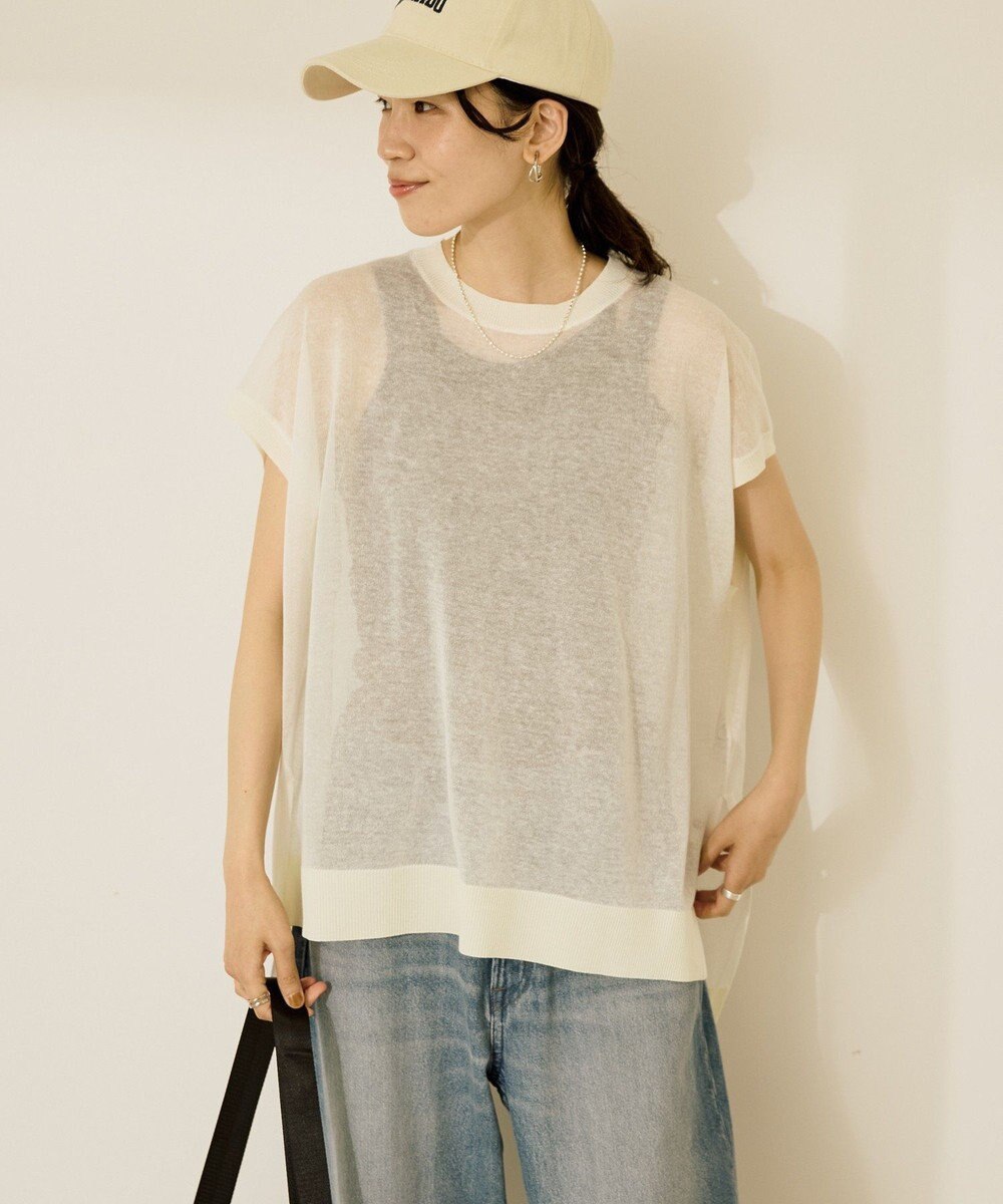 AMERICAN HOLIC ウォッシャブルシアーニットフレンチスリーブトップス 