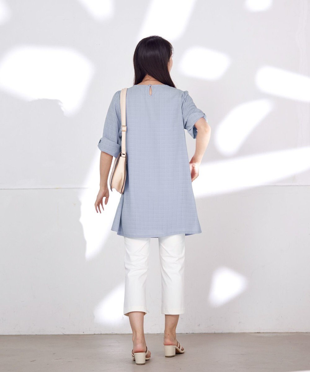 Tiaclasse L 【洗える】シアーチェックリボン袖チュニックブラウス 