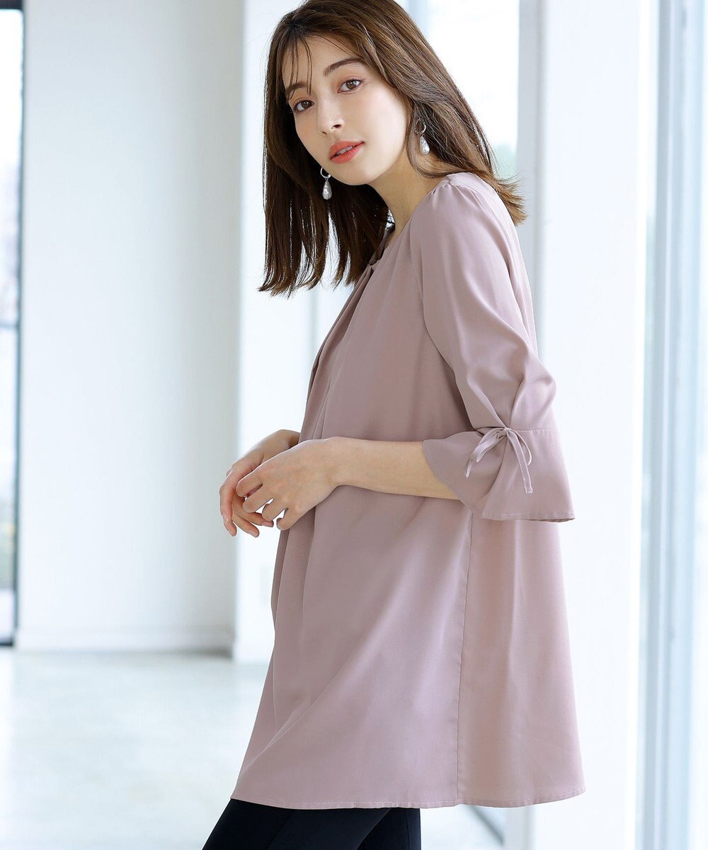 Tiaclasse L 【洗える】リボン付きタックスリーブチュニックブラウス 