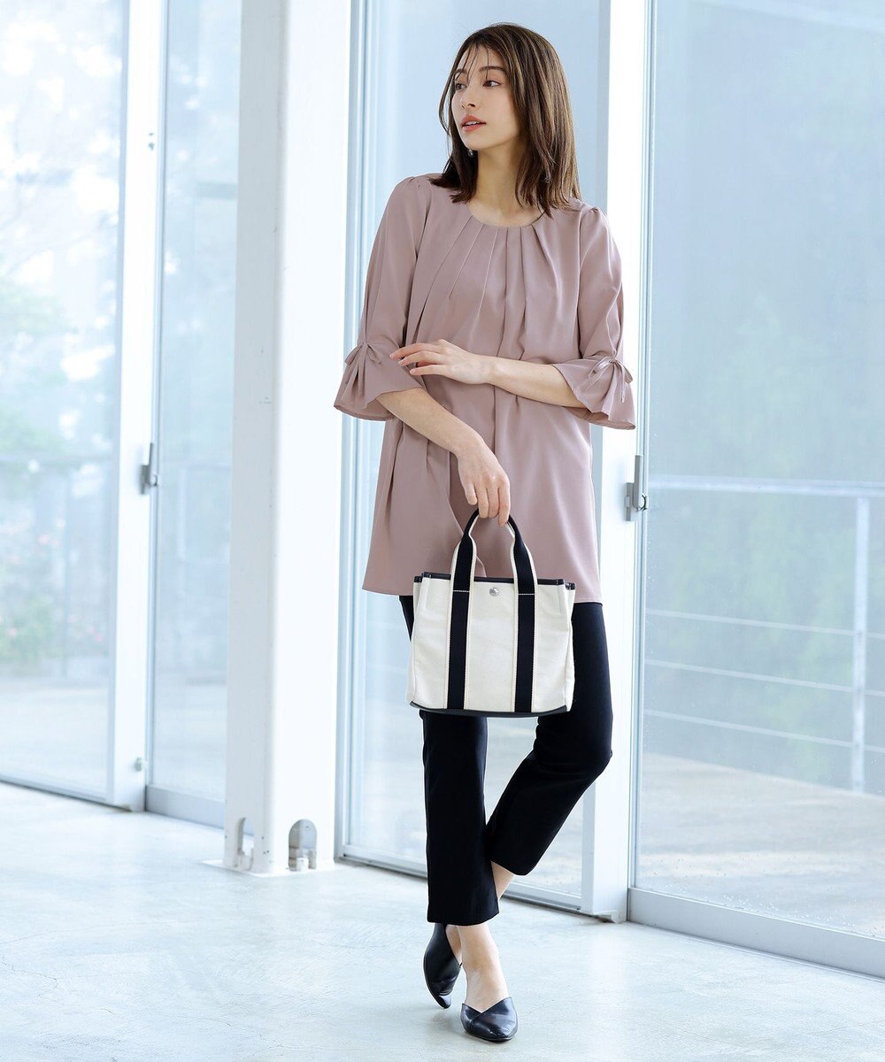 Tiaclasse L 【洗える】リボン付きタックスリーブチュニックブラウス 