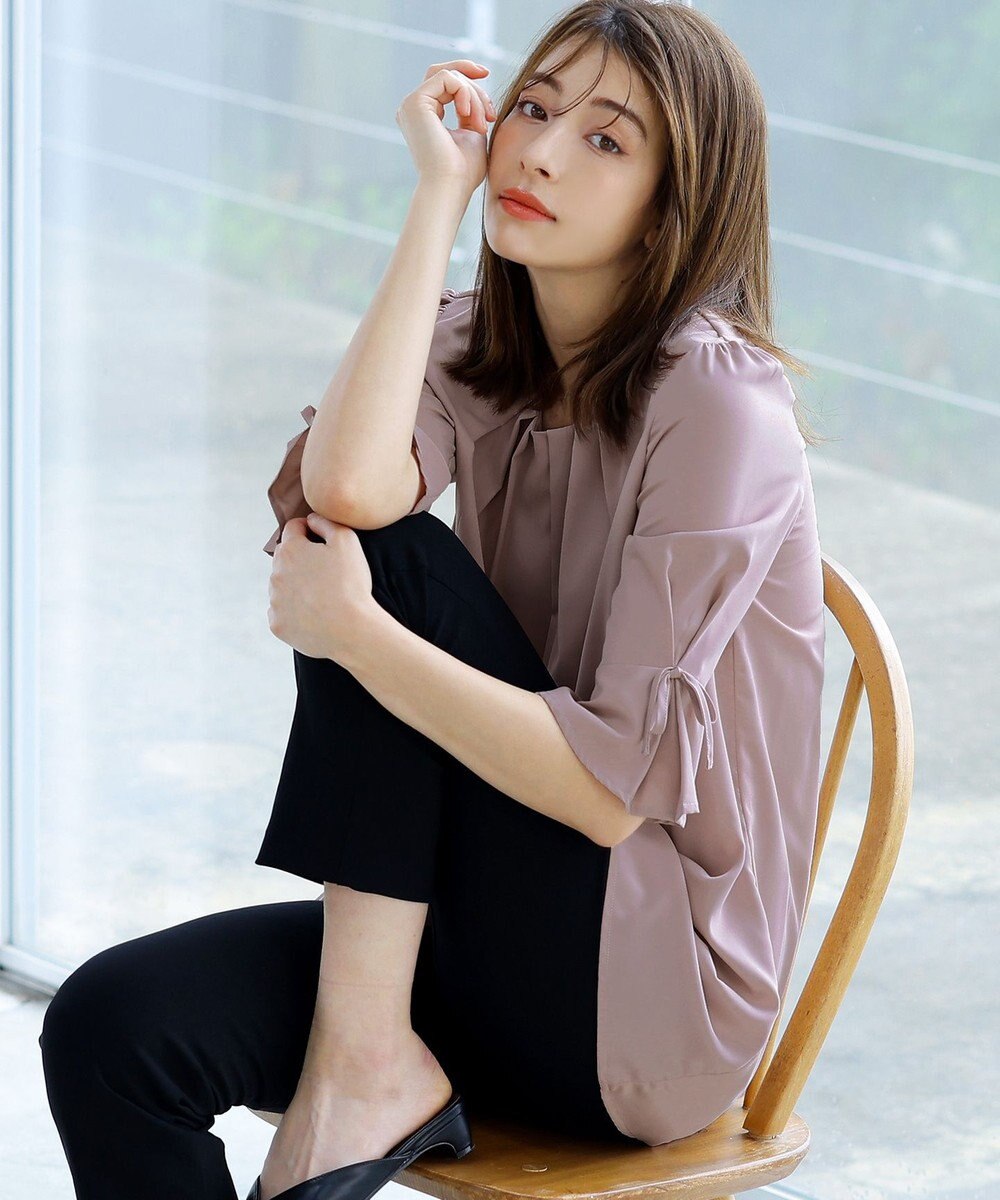 Tiaclasse L 【洗える】リボン付きタックスリーブチュニックブラウス 