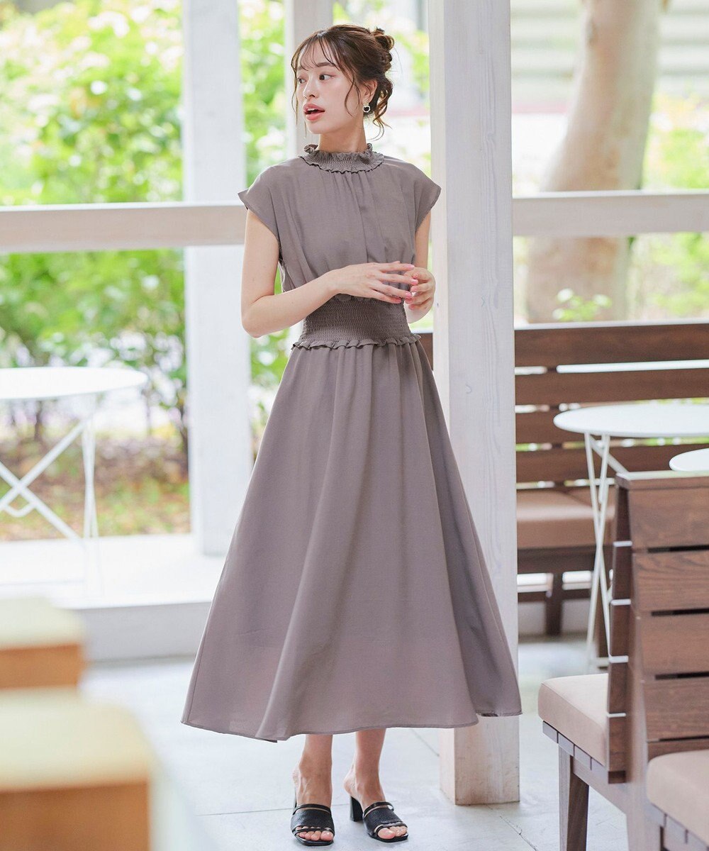 Tiaclasse 【洗える】麻調シャーリングハイネックワンピース 