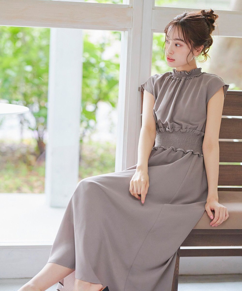 Tiaclasse 【洗える】麻調シャーリングハイネックワンピース 