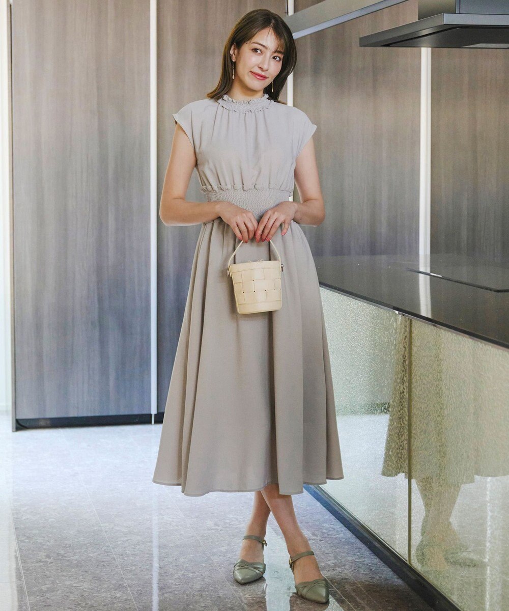 Tiaclasse 【洗える】麻調シャーリングハイネックワンピース 