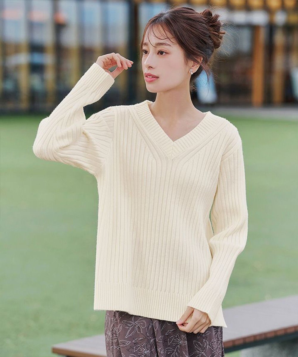 Tiaclasse L 【洗える】Vネックリブ編みニット 