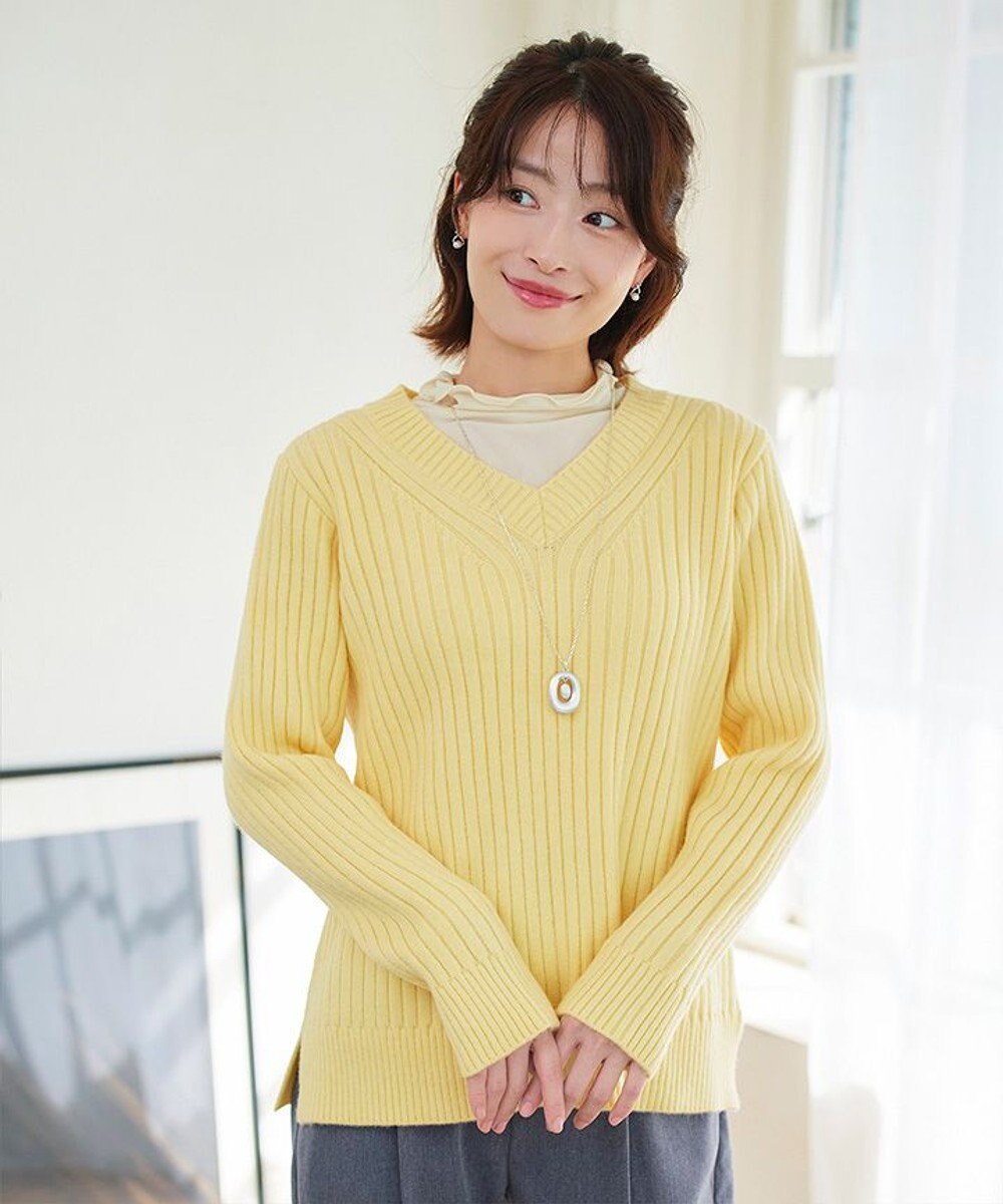Tiaclasse L 【洗える】Vネックリブ編みニット 