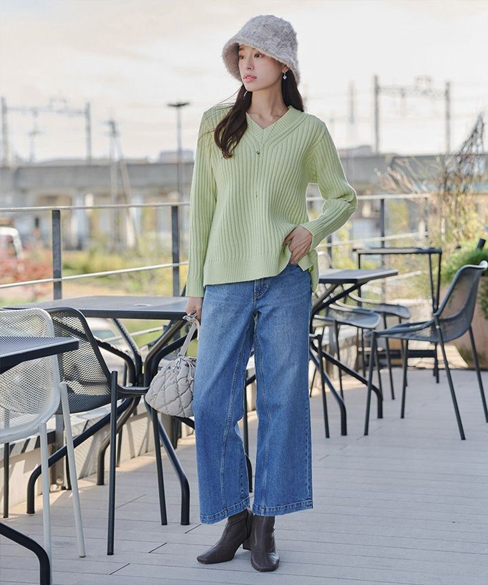 Tiaclasse L 【洗える】Vネックリブ編みニット 