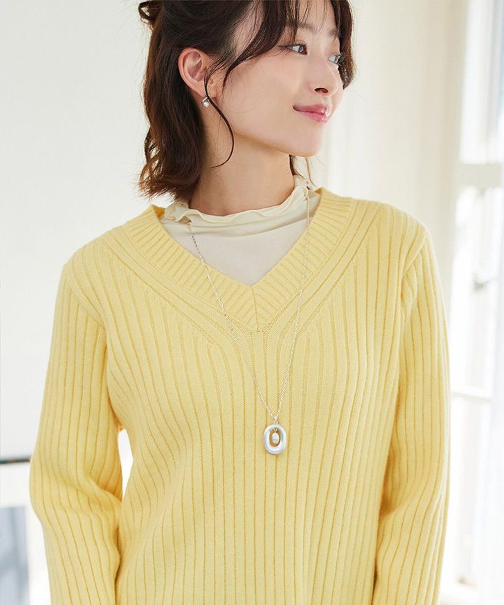 Tiaclasse L 【洗える】Vネックリブ編みニット 