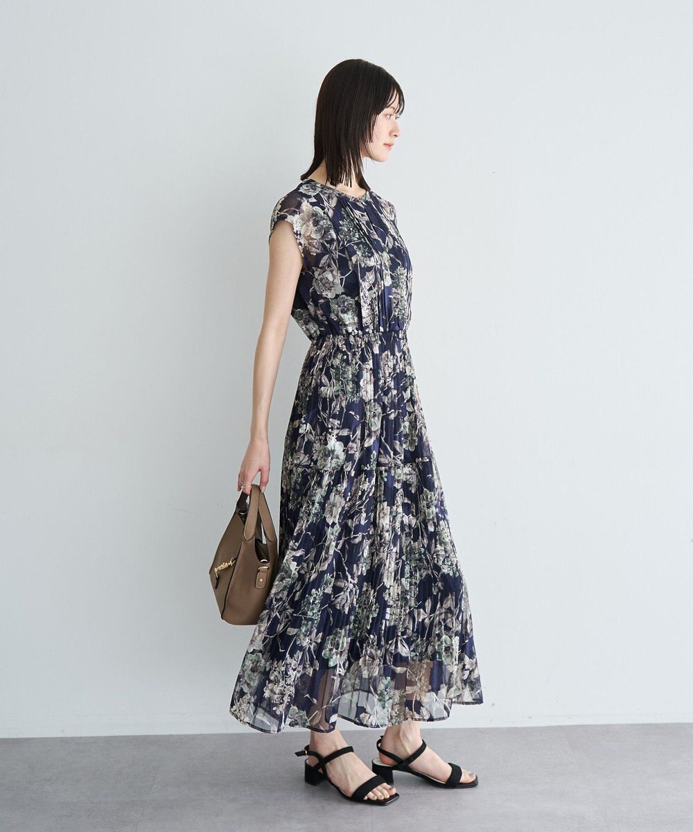 YECCA VECCA フラワー柄シアープリーツワンピース 