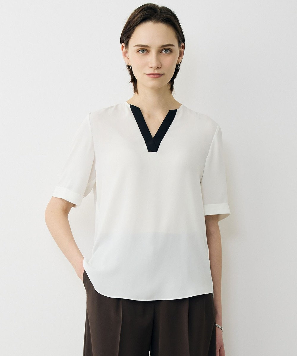 ICB 【先行予約】BackSatinAmunzen 5分袖Vネック配色ブラウス 
