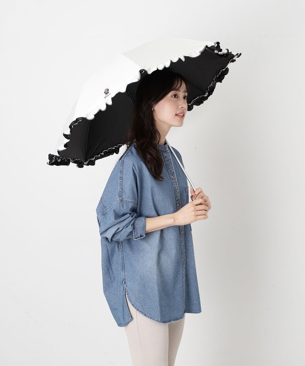 MOONBAT 【WEB限定/遮光率100%/遮熱/UV】POLO RALPH LAUREN（ポロ ラルフローレン）晴雨兼用日傘 ワンポイント ポロベア刺繍 フリル 折りたたみ傘 長折タイプ 