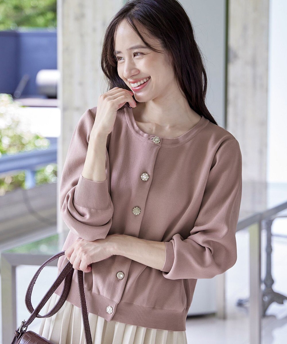 Tiaclasse L 【洗える】中空糸ビジューボタンカーディガン 